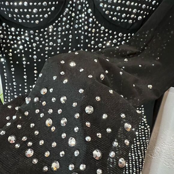 Jumpsuit Embellished W/ Rhinestones Black Mesh Size Medium - Picture 7 of 16